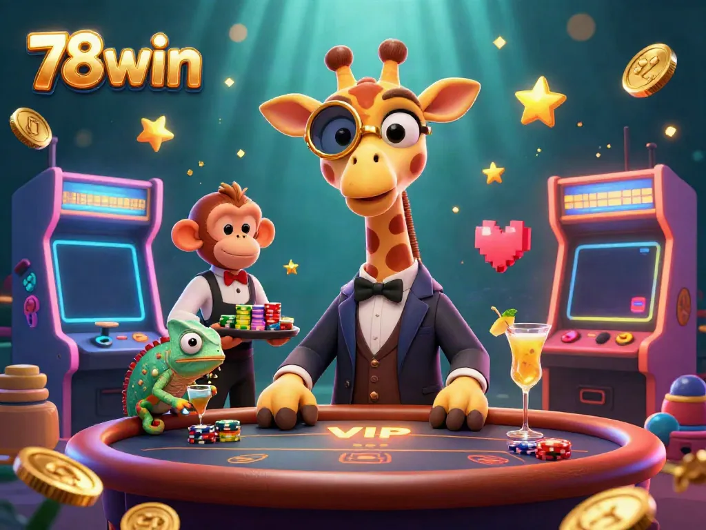 Experience excitement at 78win's vibrant gaming scene with a high-roller giraffe and animated characters.