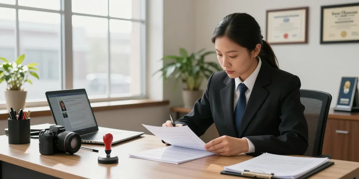 Notary in Brampton reviewing legal documents in a professional office