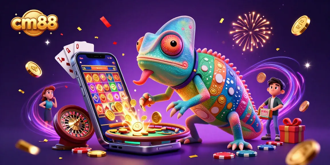 cm88 showcases a lively chameleon casino owner amidst a flurry of winning symbols and games.