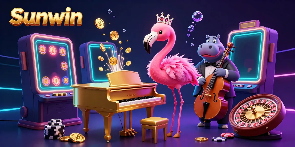 Experience the vibrant excitement of Sunwin with a dynamic casino scene featuring a flamingo singer and playful hippo bassist.