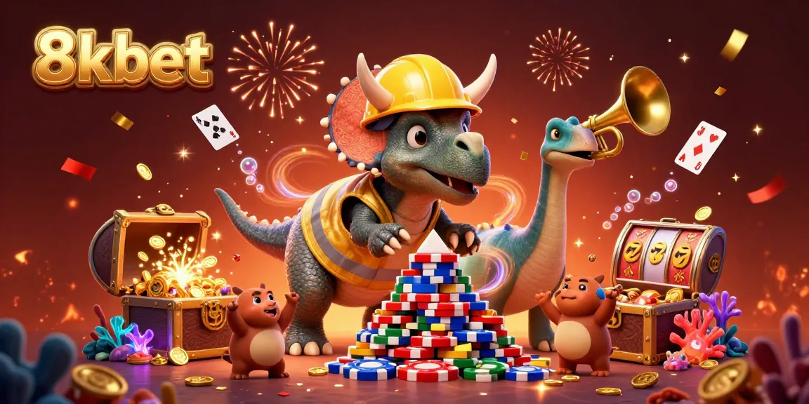 Join the celebration at 8xbet casino with a triceratops and friends building poker chip pyramids.