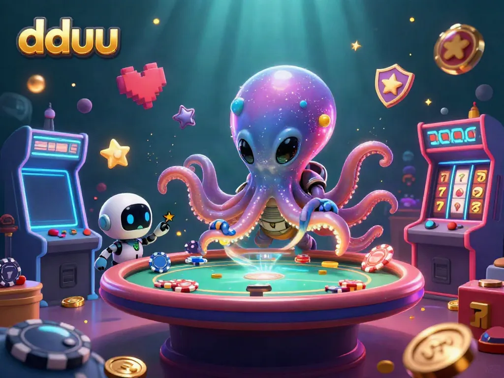 Engage with the exciting dduu gaming scene featuring a playful alien octopus on a holographic poker table.