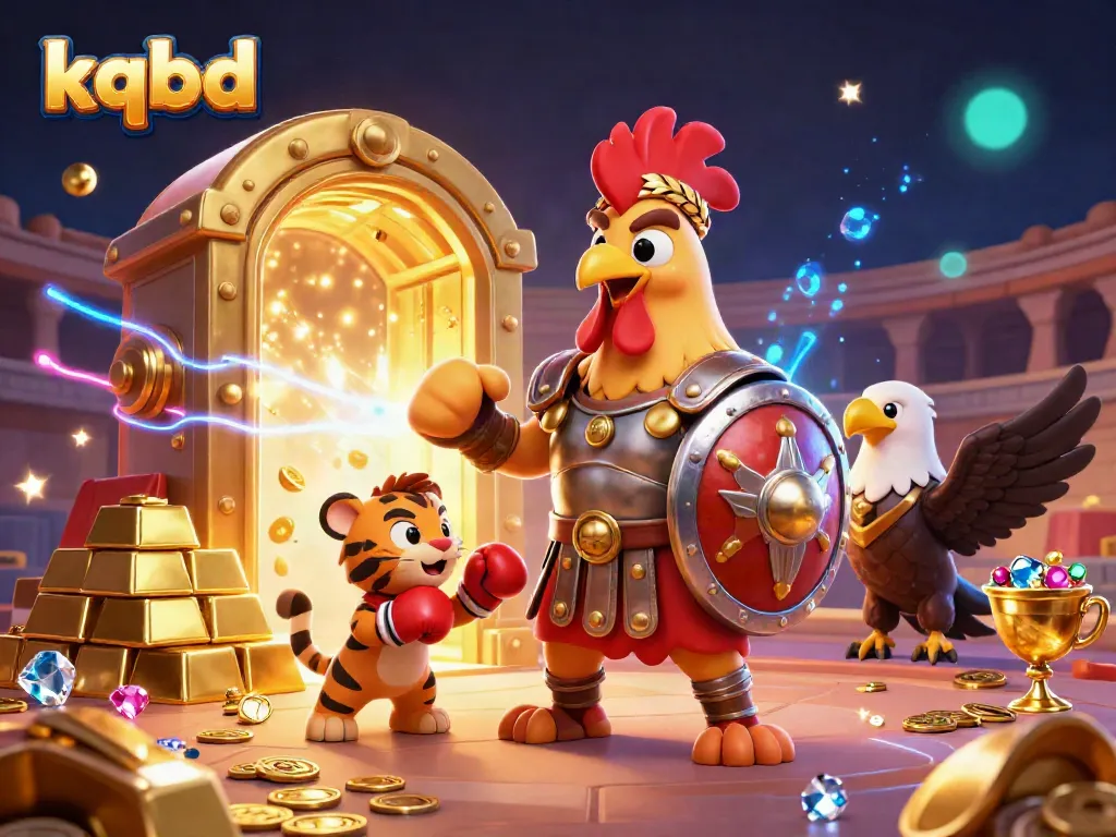 KQBD showcases an exciting gaming arena scene with a gladiator rooster and treasures swirling around, representing top-notch sports betting.