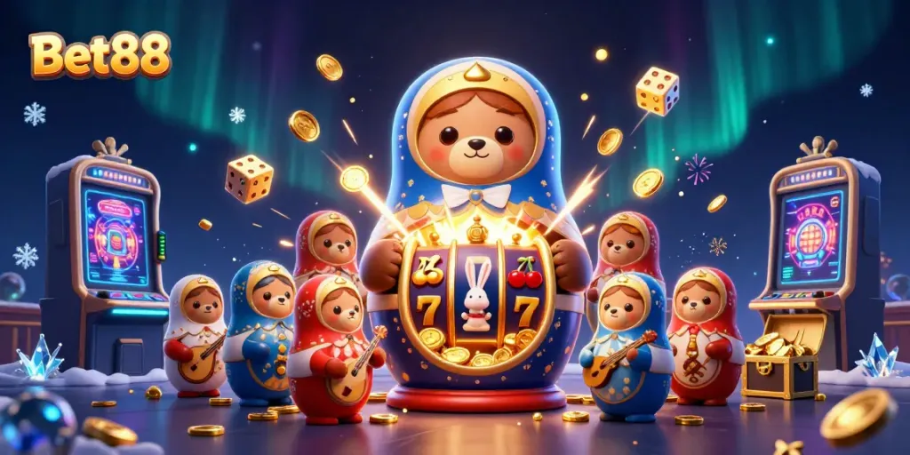Experience the thrilling adventures at Bet88 with immersive casino illustrations featuring a vibrant slot machine and charming characters.