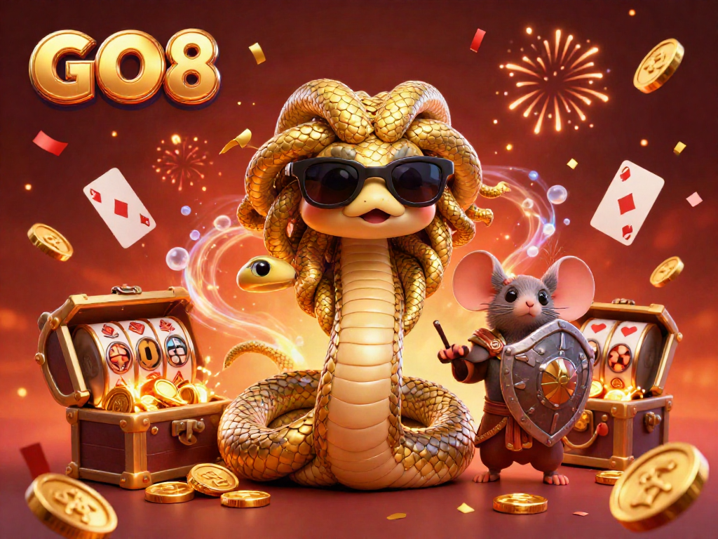 Engage in GO8 excitement with a lively 3D illustration of Medusa and a warrior mouse in a vibrant casino scene.