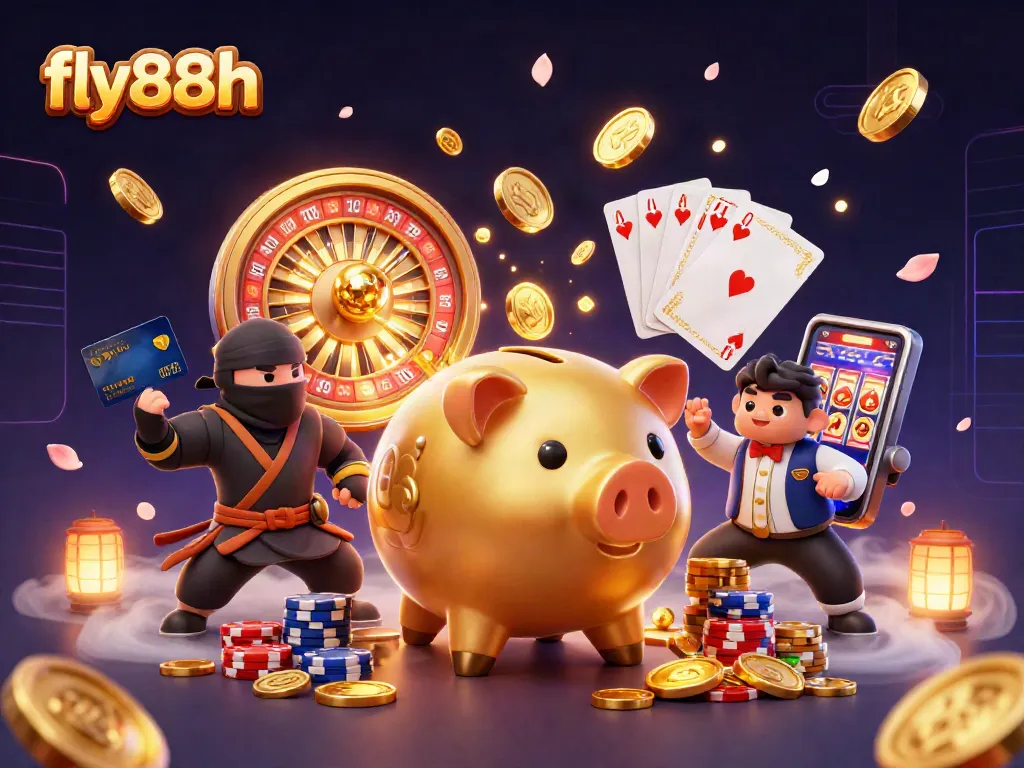 Engage with fly88h's vibrant casino scene featuring an enormous golden piggy bank sumo wrestler amidst cascading coins.