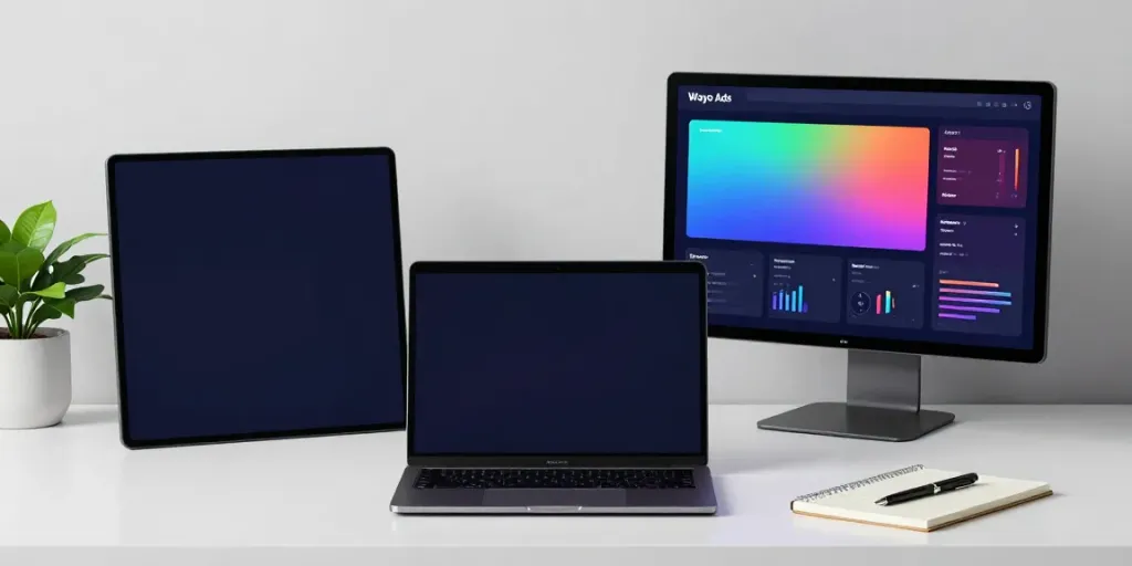 Wayo Ads advertising interface in a high-tech workspace, showcasing analytics and campaign management tools.