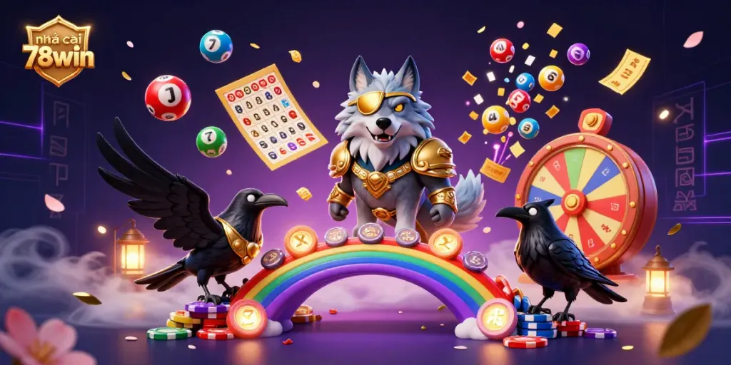 Engage with nhà cái 78win's exciting adventure with Odin and his ravens over a vibrant casino landscape.