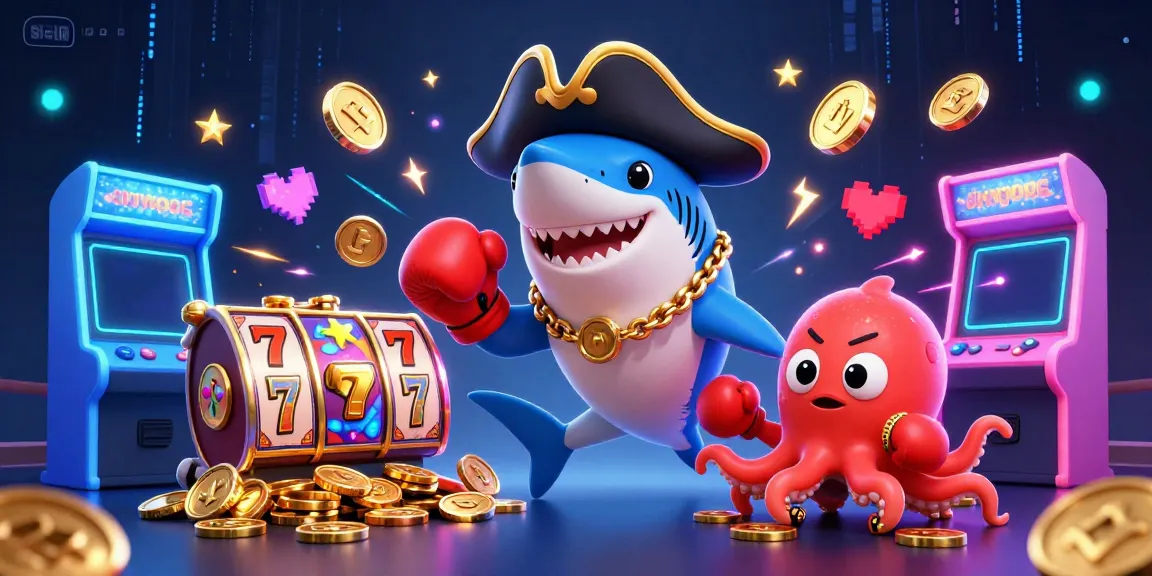 Engage in thrilling gaming at Sunwin, featuring a shark, pufferfish, and octopus amid bright casino elements.