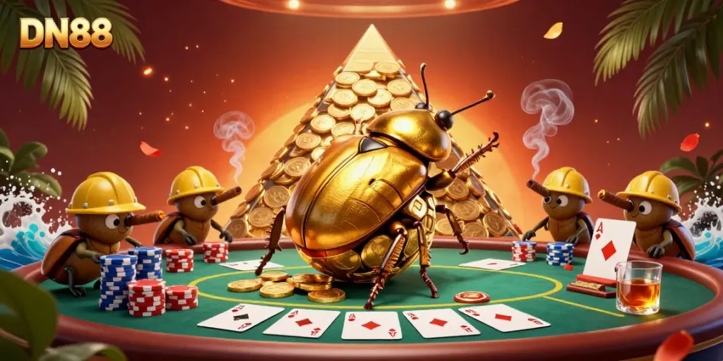 Place bets at DN88 in a vibrant 3D scene featuring golden beetles and casino elements.