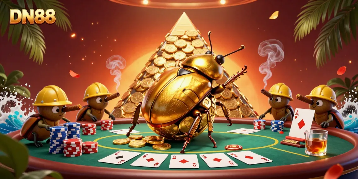 Place bets at DN88 in a vibrant 3D scene featuring golden beetles and casino elements.