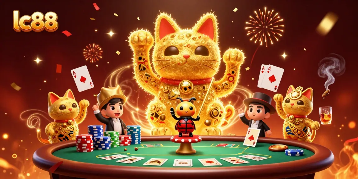 Experience lc88 magic with a lucky cat surrounded by vibrant casino elements.