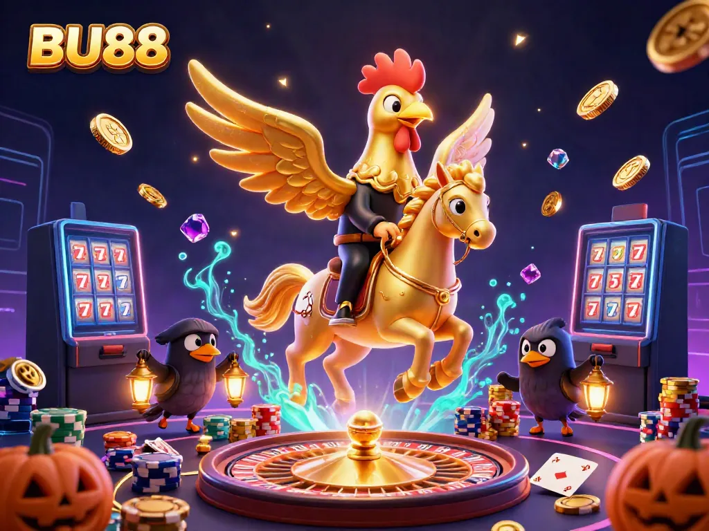 Experience thrilling gaming action with BU88's golden rooster in a vibrant casino scene.
