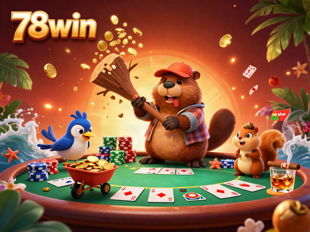 Engage with the thrilling atmosphere of 78win's online casino featuring vibrant characters and golden coin rains.