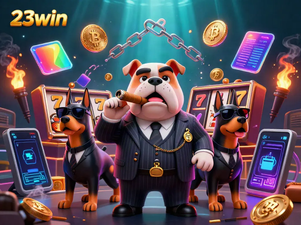 Experience thrilling gameplay with 23win as cartoon mafia characters and slot elements bring excitement.