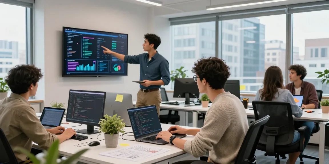 Dynamic tech team using crush ai tools in a modern office.