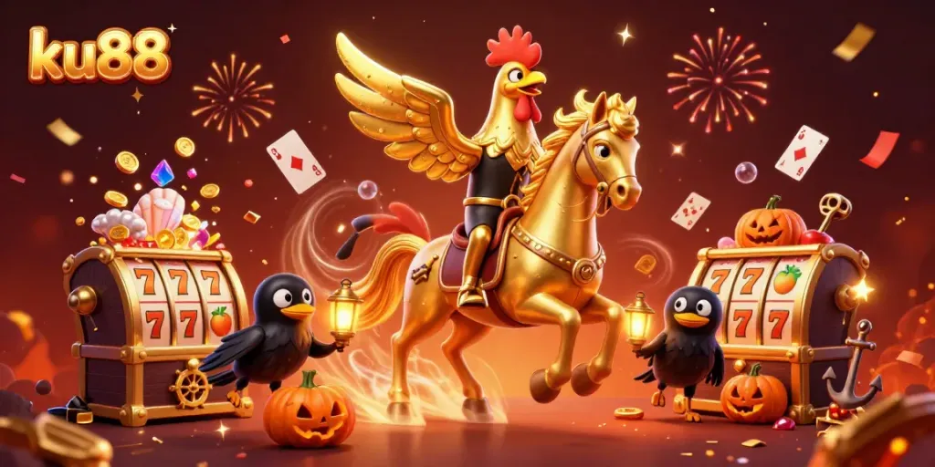 Engage with exciting ku88 casino adventures as golden rooster and crow characters interact dynamically.