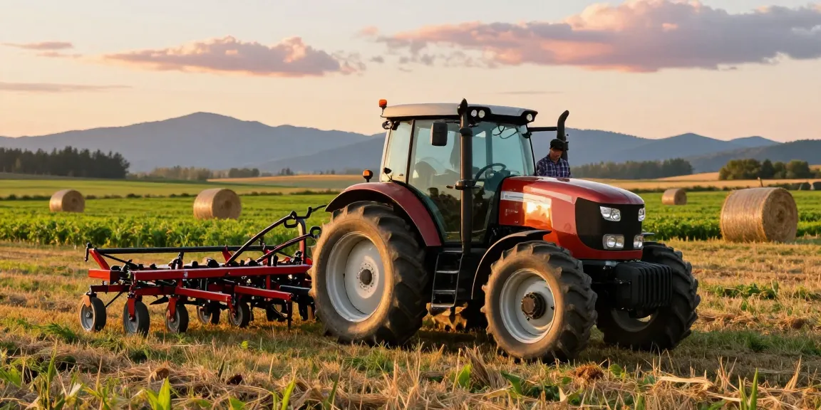 Canadian farm equipment guide showcasing a farmer with a tractor at sunset.