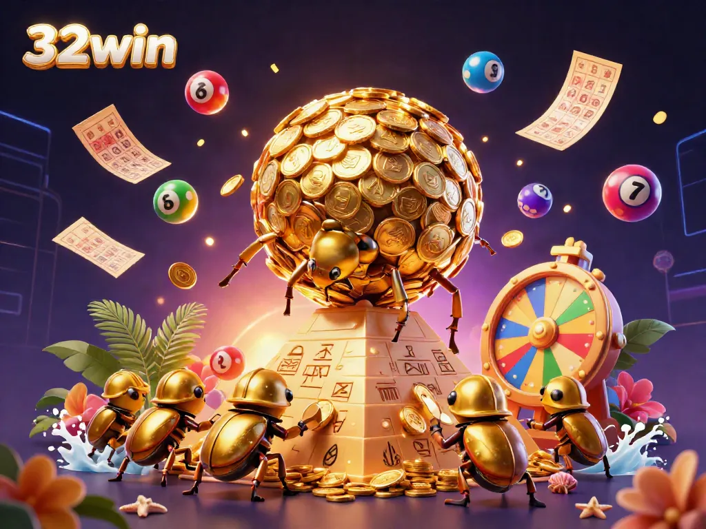 Experience thrilling excitement with 32win as golden beetles collect coins amid a vibrant casino scene.