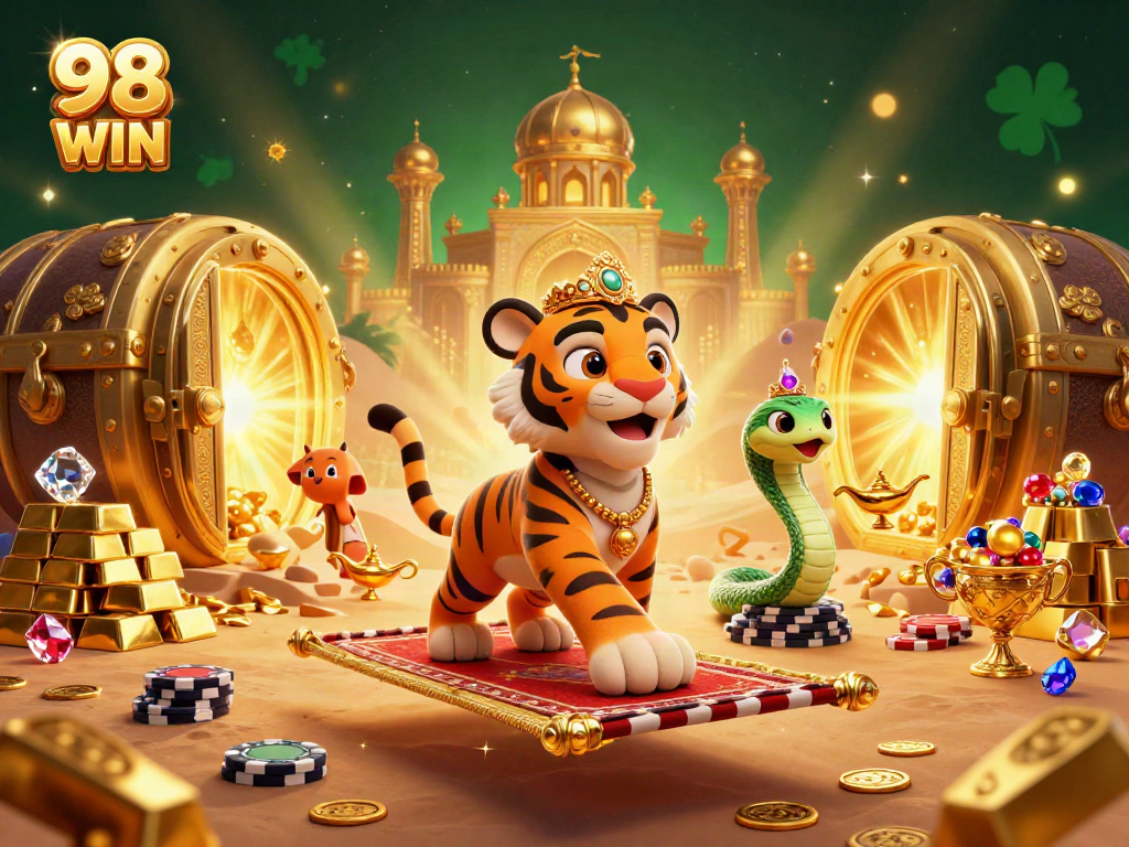 Engage with 98 WIN as a tiger sultan rides a poker chip carpet amidst treasures and golden goblets.