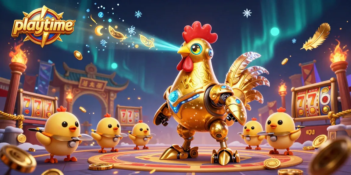 Experience thrilling excitement with playtime's golden rooster and baby chick drones in a vibrant casino setting.