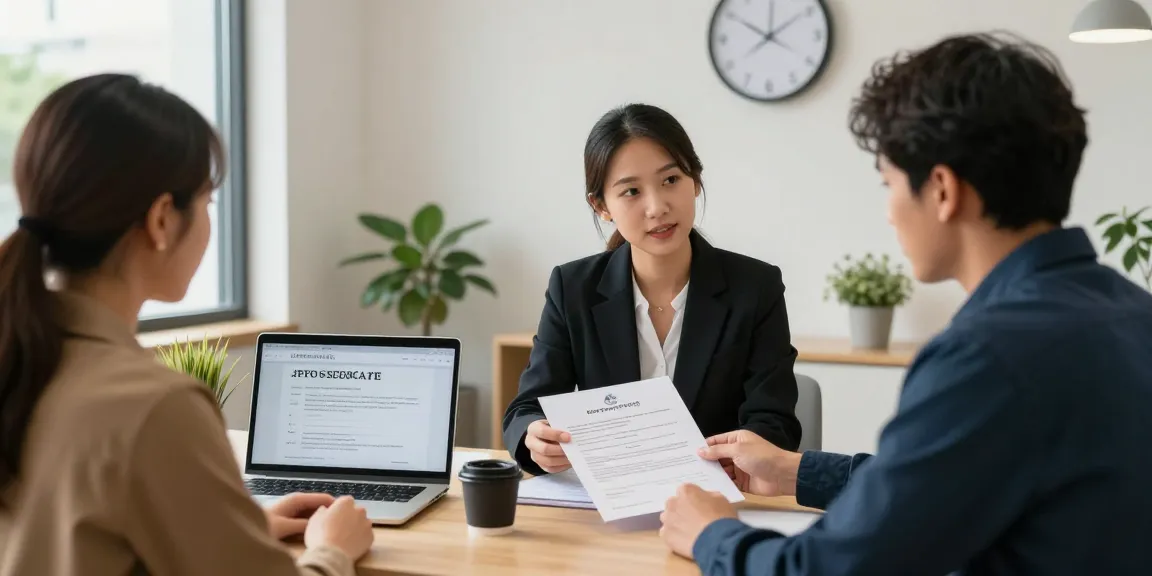 Apostille birth certificate consultation with professional agent and diverse couple in office.