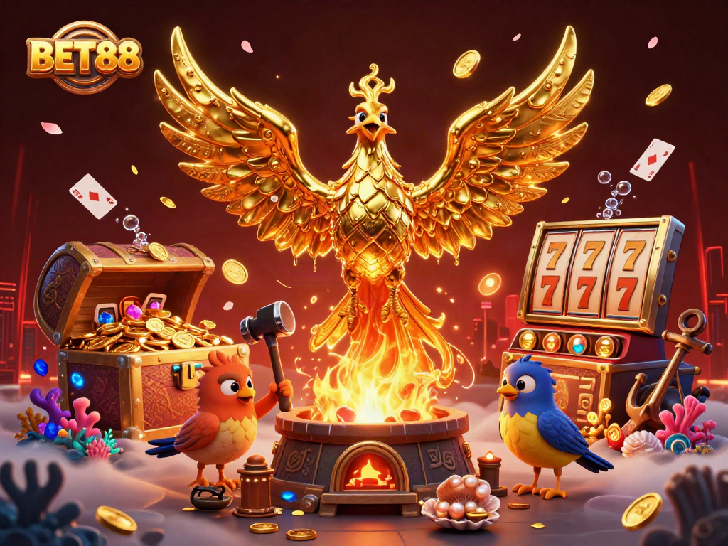 Trải nghiệm rực rỡ với BET88, hình ảnh phượng hoàng vàng giữa không gian casino huyền ảo.