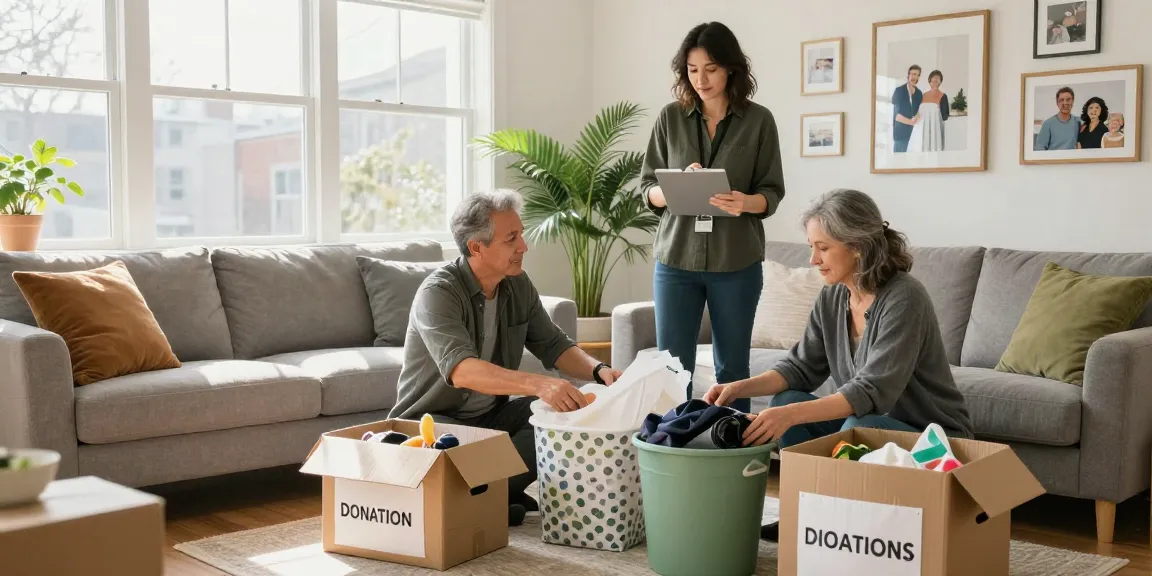 Downsizing Ottawa scene with professional organizer assisting couple sorting items for a clutter-free home.