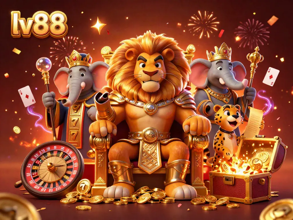 Spin to win at lv88 with a majestic lion king, advisor, and messenger in this vibrant casino scene.