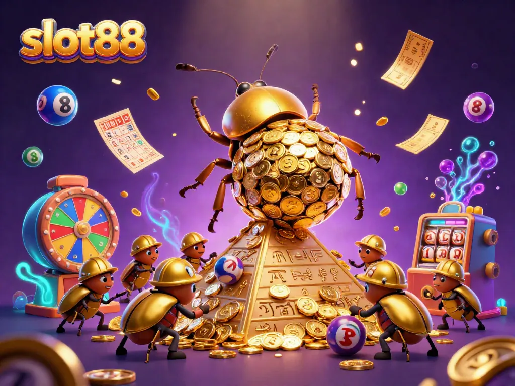 Engage in slot88 action with golden coins and colorful lottery balls in a vibrant casino scene.
