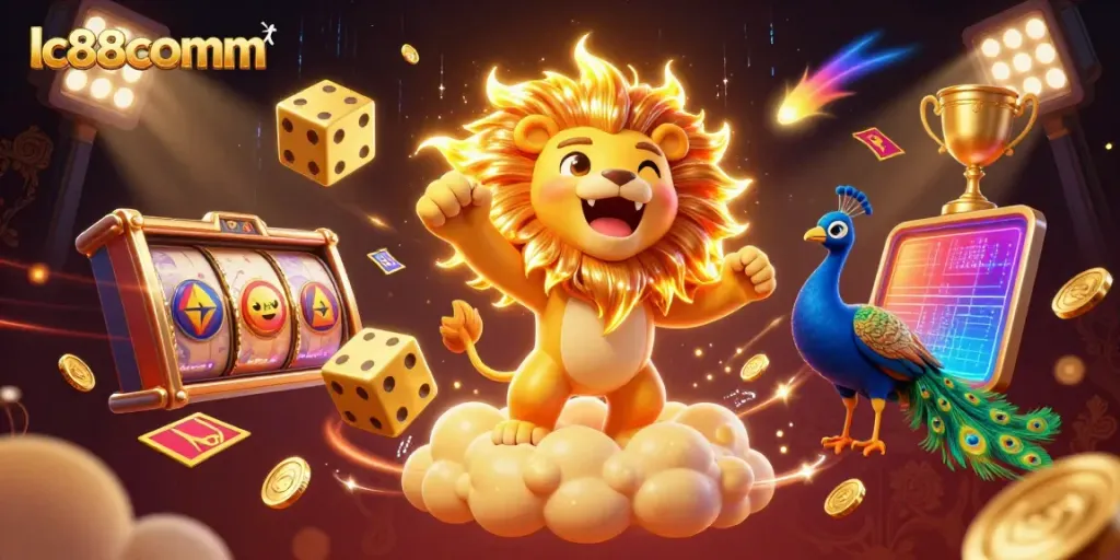 Engage with thrilling gameplay at lc88comm, featuring a vibrant 3D casino scene with slots and jackpots.