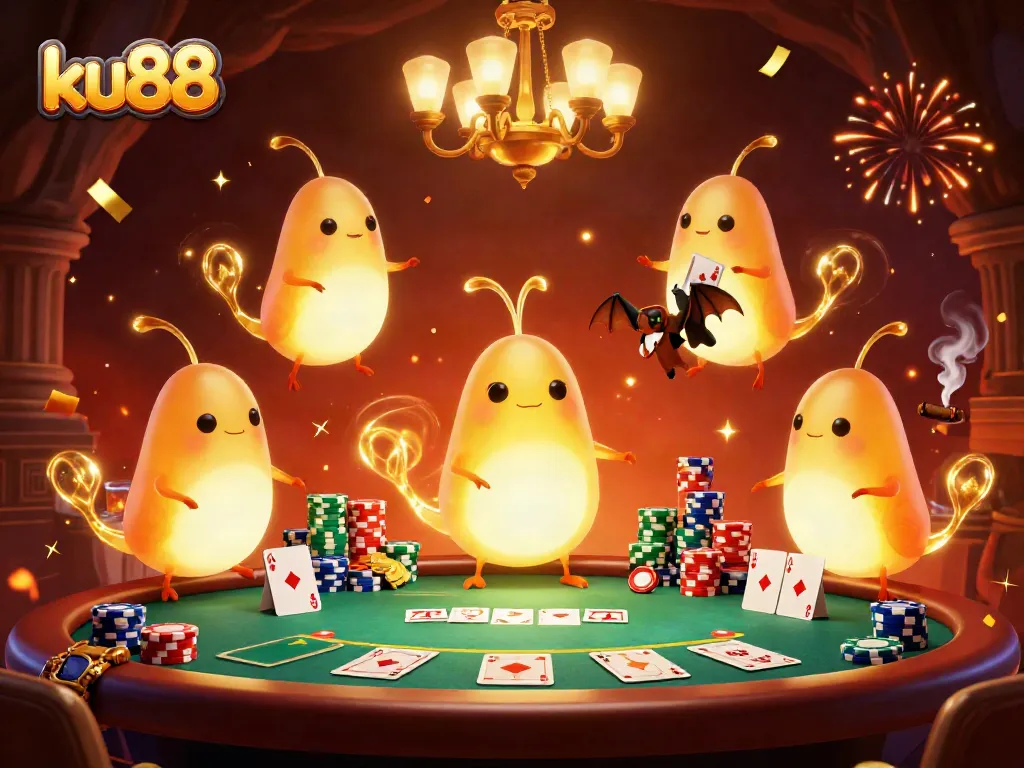 Experience the thrill of ku88 casino with glowworms lighting up a vibrant gaming scene of poker and celebration.