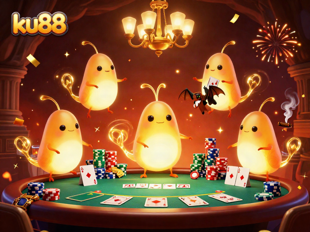 Experience the thrill of ku88 casino with glowworms lighting up a vibrant gaming scene of poker and celebration.