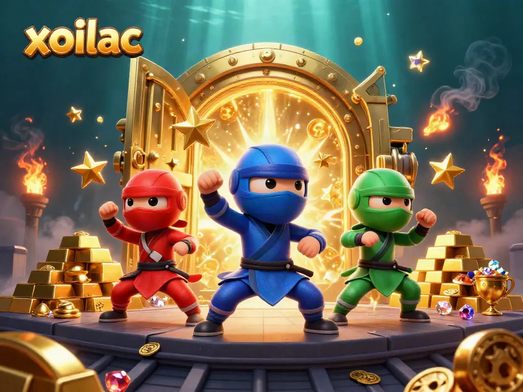 Xoilac team of colorful ninja chameleons showcasing martial arts, surrounded by shining treasure.