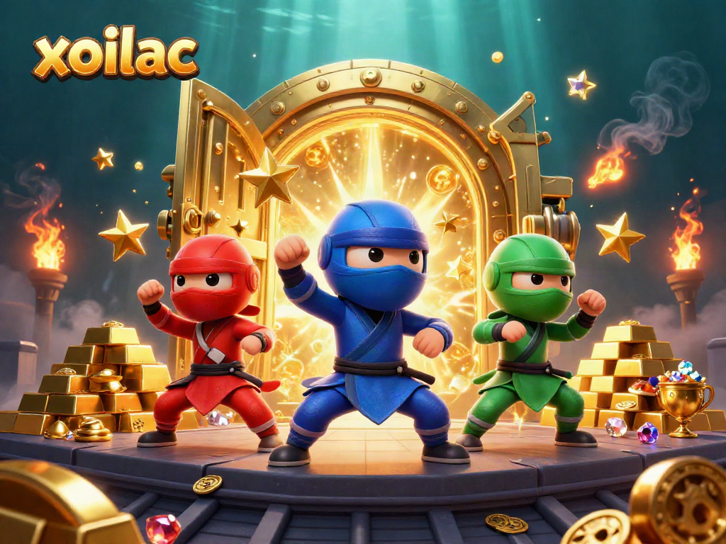 Xoilac team of colorful ninja chameleons showcasing martial arts, surrounded by shining treasure.