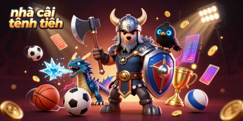 Experience exciting action with nhà cái tặng tiền in this dynamic 3D casino illustration of a Viking wolf warrior and dragon.
