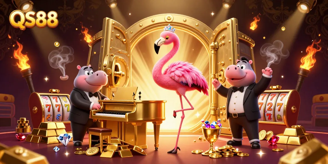 Experience winning excitement at QS88 with a vibrant casino scene featuring a flamingo singer and treasures.