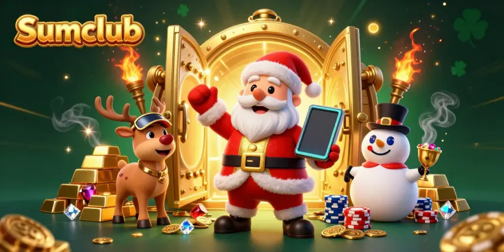 Join the excitement at Sumclub with Santa and friends winning big in a vibrant casino scene.
