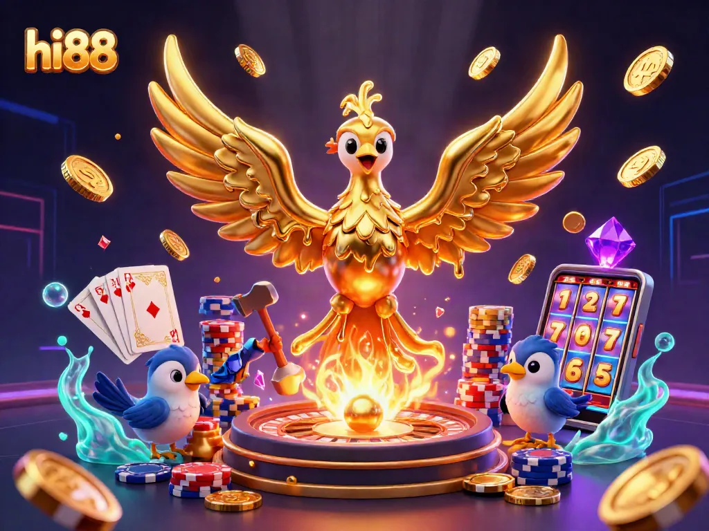 Spin luck with hi88's golden phoenix and dynamic casino elements in a vivid 3D illustration.