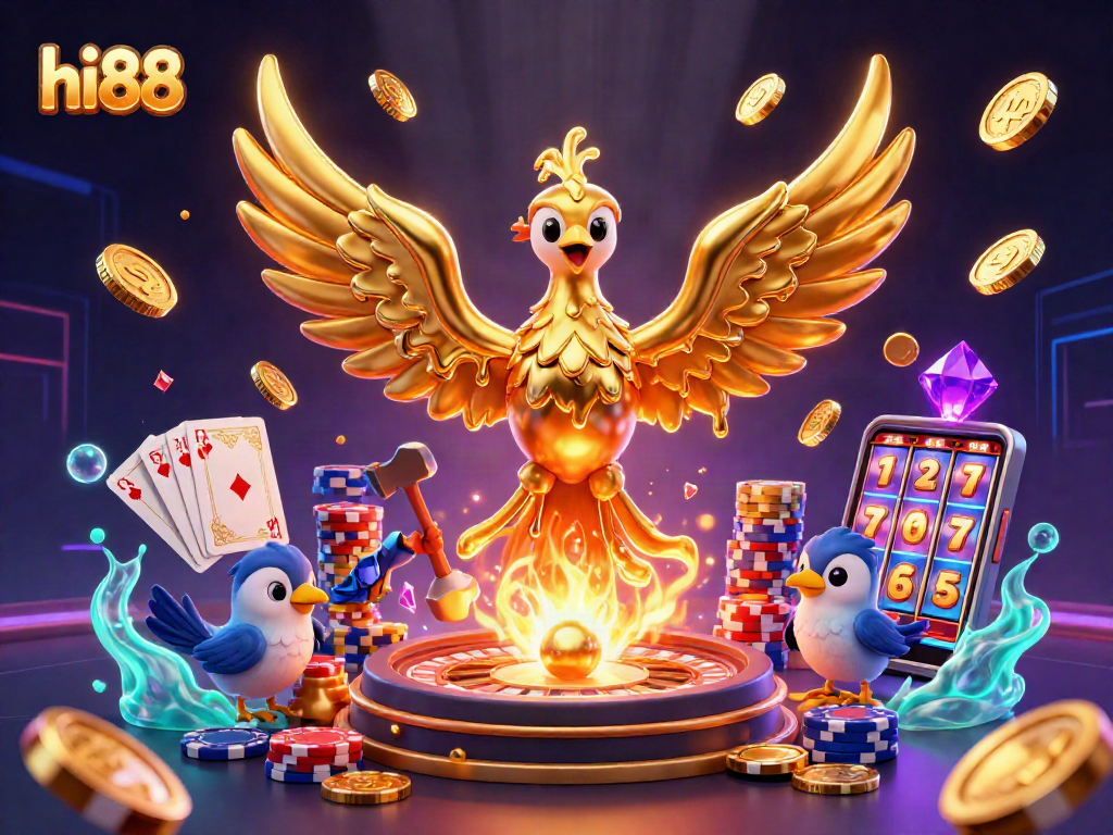 Spin luck with hi88's golden phoenix and dynamic casino elements in a vivid 3D illustration.