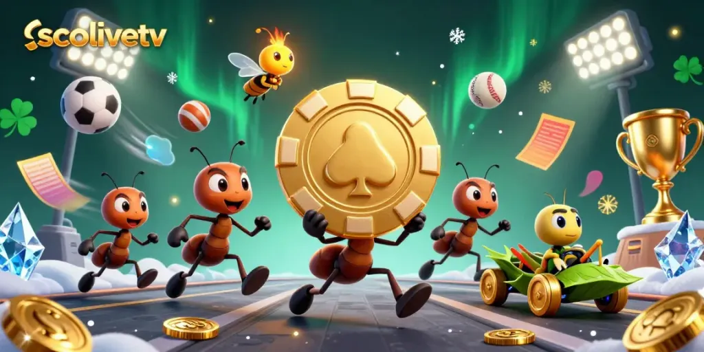 Socolivetv showcases a dynamic heist scene with cartoon ants carrying a giant poker chip amid vibrant sports elements, highlighting thrilling gambling action.