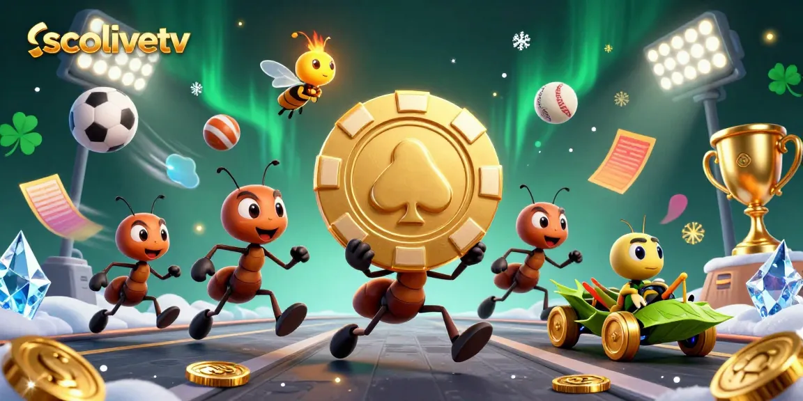 Socolivetv showcases a dynamic heist scene with cartoon ants carrying a giant poker chip amid vibrant sports elements, highlighting thrilling gambling action.