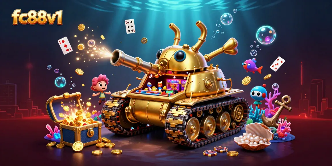 Experience excitement at fc88v1 with a vibrant illustration of a golden casino beetle tank amid treasure and games.