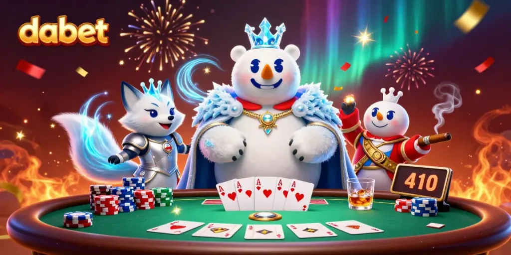 Dabet's vibrant casino scene with an ice king and snow fox, showcasing poker excitement.