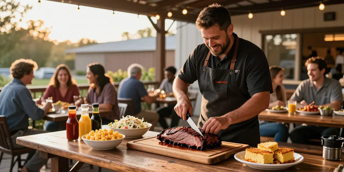 Barbecue restaurant Alberta featuring a pitmaster carving smoked brisket with side dishes in a cozy outdoor setting.