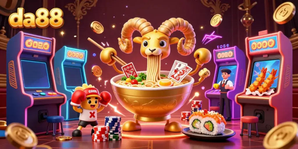 Experience vibrant gaming action at da88 with a giant ramen bowl dealer, colorful arcade machines, and energetic characters.