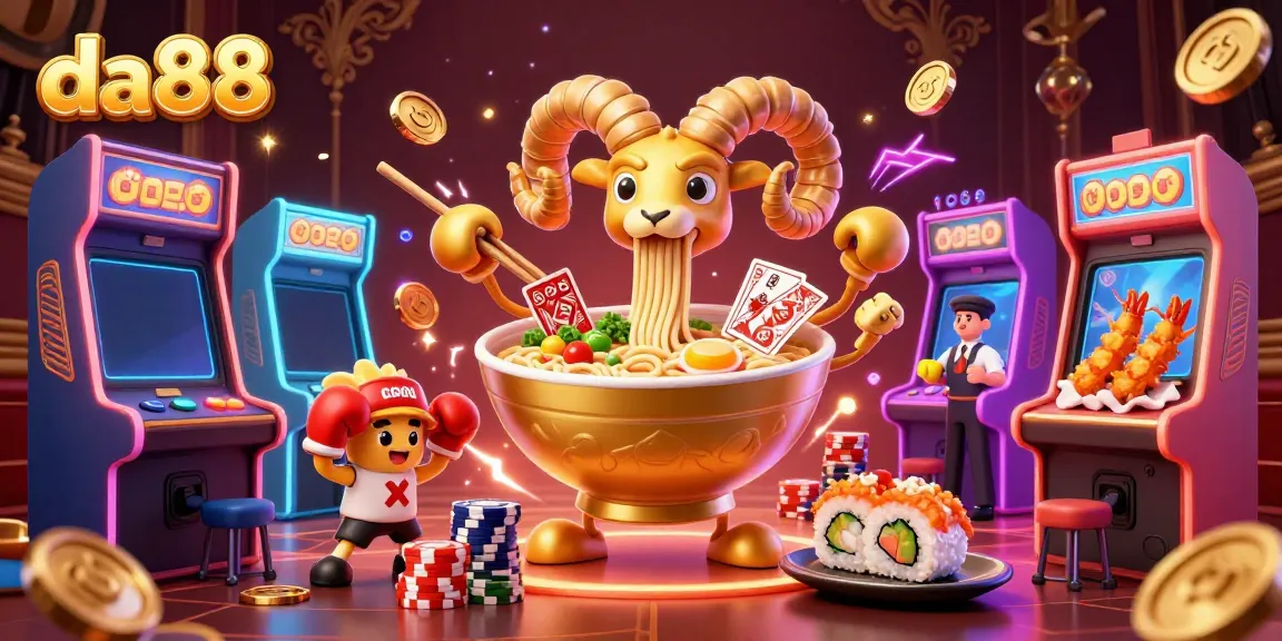 Experience vibrant gaming action at da88 with a giant ramen bowl dealer, colorful arcade machines, and energetic characters.