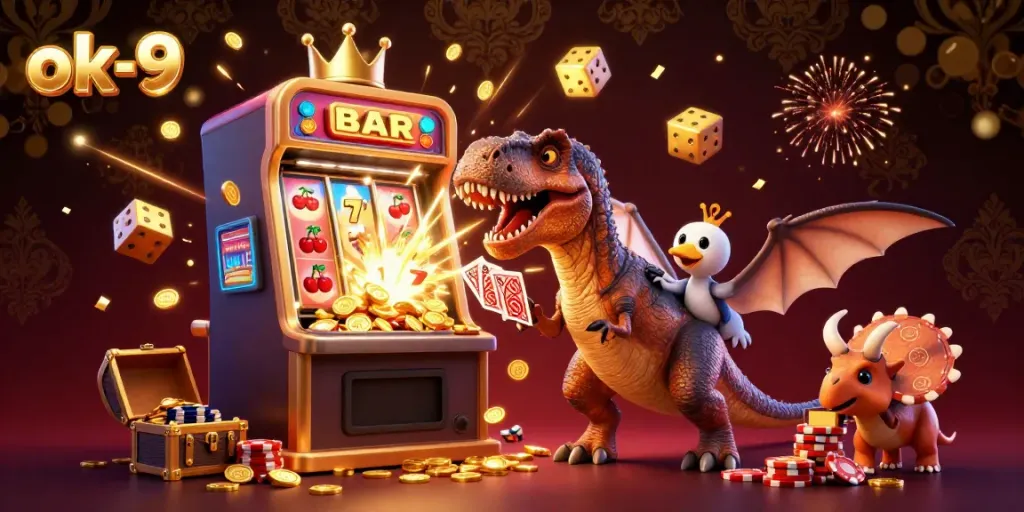 Experience excitement at ok-9 as a T-Rex shuffles cards, surrounded by jackpot visuals and vibrant casino elements.