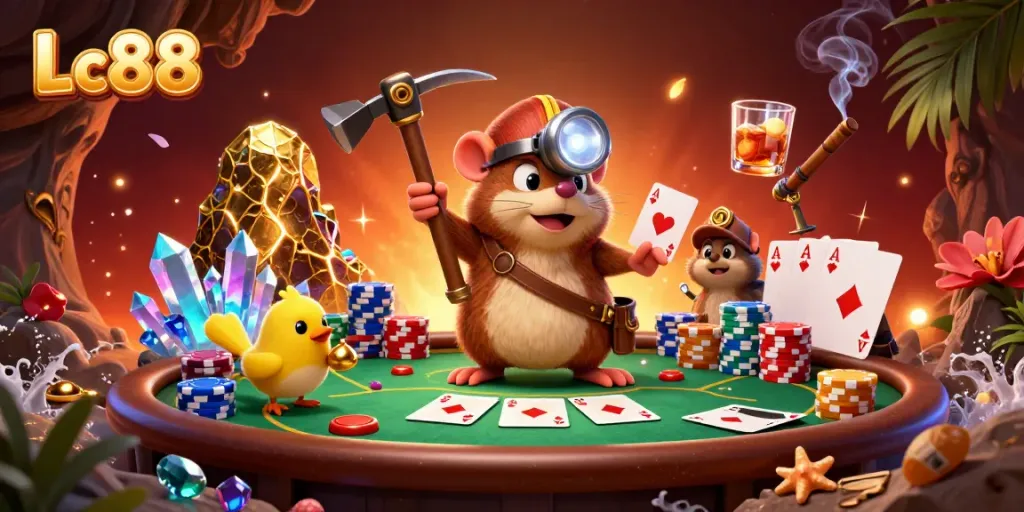 Experience thrilling Lc88 gameplay with a vibrant treasure hunter scene amidst poker action.