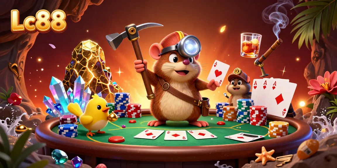 Experience thrilling Lc88 gameplay with a vibrant treasure hunter scene amidst poker action.